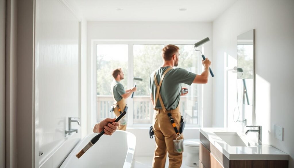 A team of experienced bathroom renovation painters, meticulously applying high-quality paint to the walls of a modern, well-lit bathroom. In the foreground, a painter carefully brushes the trim, ensuring a seamless finish. In the middle ground, another painter uses a roller to cover the larger surfaces, creating an even, professional-looking coat. The background showcases the sleek, minimalist design of the bathroom, with natural light streaming in through large windows, illuminating the scene. The painters' movements are precise and deliberate, reflecting their expertise and the importance of achieving a flawless result. The overall atmosphere is one of focused professionalism, showcasing the essential step-by-step process of transforming a bathroom space through thoughtful painting.