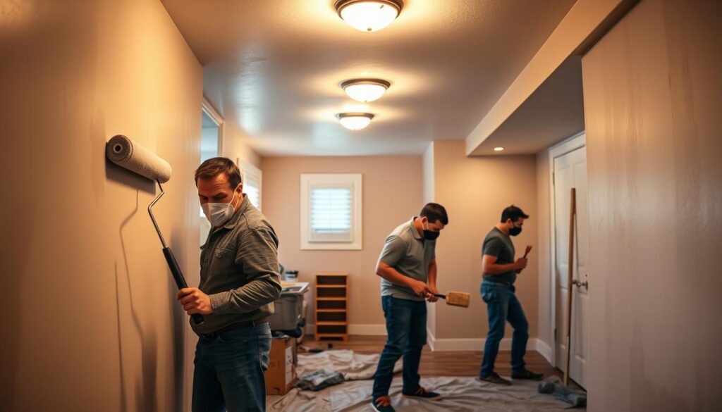 A team of expert basement painters at work in a Calgary home, their faces obscured by protective masks as they skillfully navigate the confined space. The air is thick with the scent of fresh paint, while the warm lighting from overhead fixtures casts a cozy glow over the scene. In the foreground, one painter carefully applies a rich, matte paint to the walls using a high-quality roller, their movements precise and efficient. In the middle ground, another painter trims the edges with a brush, ensuring a flawless finish. In the background, a third painter meticulously covers the floor with a protective tarp, leaving no detail overlooked. The overall atmosphere conveys a sense of professionalism and expertise, with the basement transformation well underway.