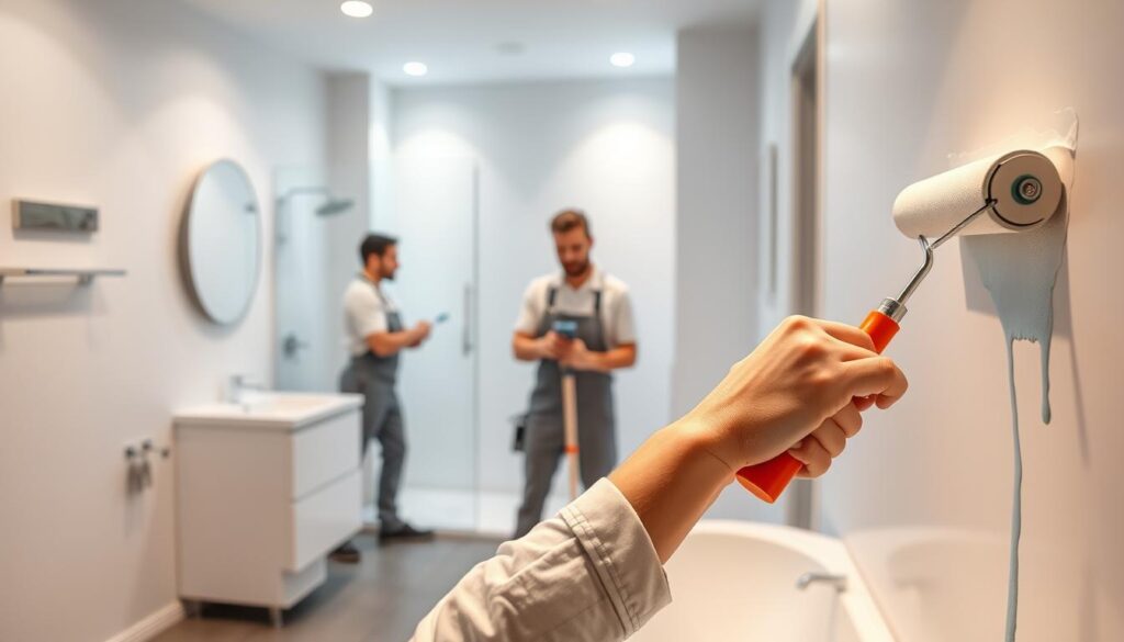 A team of expert bathroom painters, meticulously applying high-quality paint in a well-lit, contemporary bathroom setting. Foreground features the painters' hands skillfully rolling paint onto the walls, creating a smooth, even finish. In the middle ground, the painters stand focused, wielding their tools with precision. The background showcases a modern, minimalist bathroom design, with clean lines, sleek fixtures, and a serene atmosphere. Lighting is soft and diffused, casting a warm glow on the scene. The overall image conveys the professionalism, attention to detail, and expertise of the bathroom painting process.