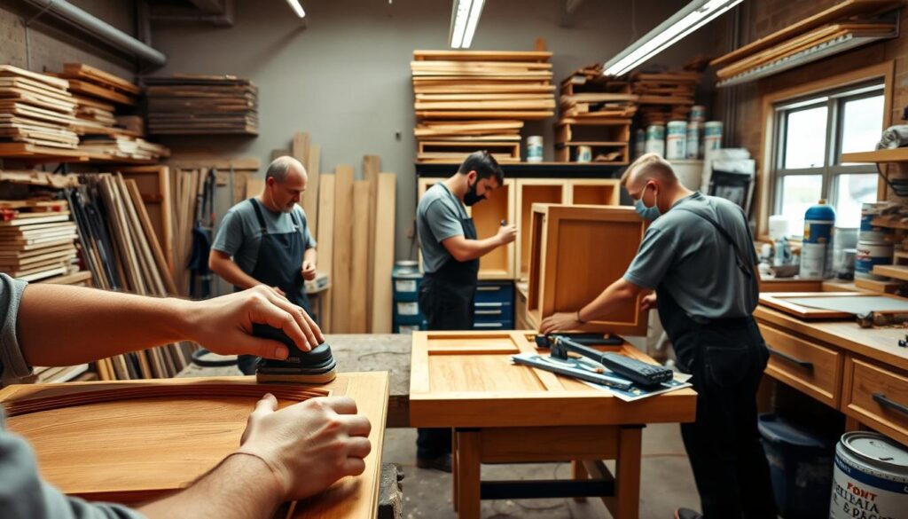 A team of expert cabinet refinishers working diligently in their Calgary workshop, surrounded by an array of tools and materials. The foreground features skilled hands meticulously sanding and staining a cabinet door, while the middle ground showcases the refinishers carefully applying a fresh coat of paint to cabinet frames. In the background, an organized workspace with neatly stacked lumber, paint cans, and other supplies sets the scene. The lighting is warm and natural, creating a sense of focused professionalism. The overall atmosphere conveys the expertise and attention to detail required for high-quality cabinet painting and refinishing.