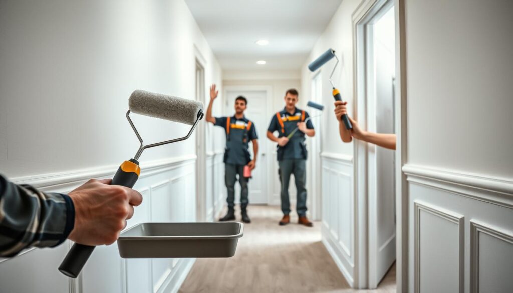 A team of professional hallway painting experts applying a fresh coat of paint to a residential interior. The foreground features the workers' hands skillfully wielding high-quality paint rollers, trays, and brushes, capturing the intricate attention to detail required for a flawless finish. The middle ground showcases the workers in their uniforms, focused on their task, as they carefully cut in along the trim and baseboards. The background depicts the hallway in soft, even lighting, with a clean, white palette that highlights the transformed space. The scene conveys a sense of expertise, precision, and the transformative power of a well-executed hallway painting project.