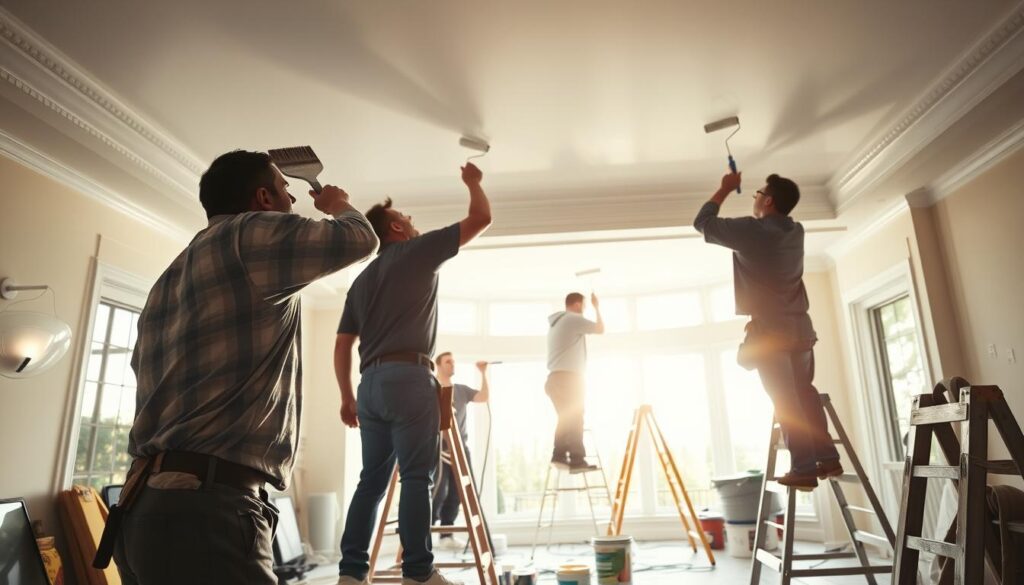 A team of professional painters working meticulously on a ceiling in a Calgary home, the afternoon light streaming through large windows and casting warm shadows across their focused expressions. In the foreground, one painter carefully brushes paint onto the intricate molding, while others in the middle ground use rollers to cover the expansive white surface. The background shows the tools of their trade - buckets of paint, ladders, and drop cloths - all neatly organized and ready for the next step. The atmosphere is one of quiet concentration and expert craftsmanship, reflecting the specialized skills required for high-quality ceiling painting.