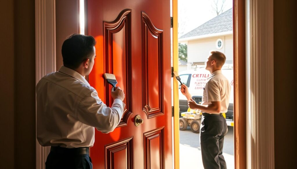 A team of skilled door painting professionals, dressed in crisp uniforms, carefully apply a rich, glossy paint to the intricate wooden panels of a Calgary home's entryway. The brushstrokes are precise and even, creating a flawless finish that complements the home's elegant architecture. Warm sunlight filters through the open doorway, casting a gentle glow on the freshly painted surface. In the background, a neatly organized fleet of service vehicles and a well-stocked supplies shed hint at the company's expertise and attention to detail. The overall scene conveys a sense of professionalism, craftsmanship, and a commitment to transforming Calgary homes with the art of door painting.
