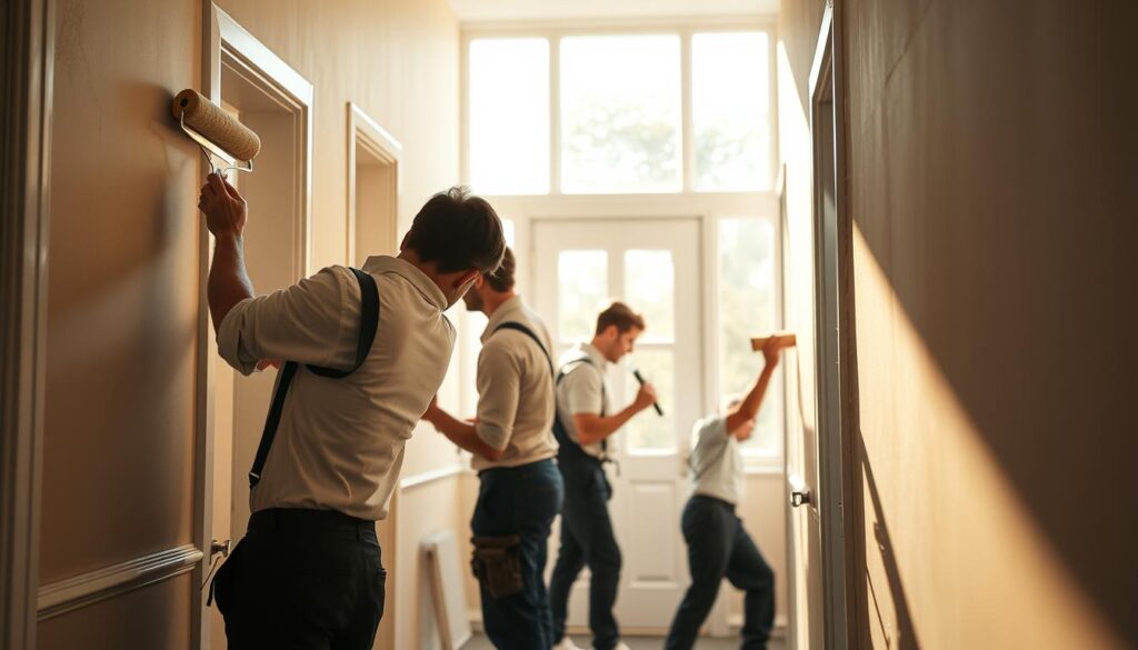 A team of skilled hallway painting experts, dressed in their professional attire, meticulously apply paint to the walls using high-quality brushes and rollers. The scene is bathed in warm, natural lighting that filters in through large windows, casting soft shadows and highlights across the freshly painted surfaces. The experts move with precision and care, ensuring an even, flawless finish that will transform the once drab hallway into a vibrant, welcoming space. The atmosphere is one of focused dedication, as the team works in harmony to deliver exceptional results.