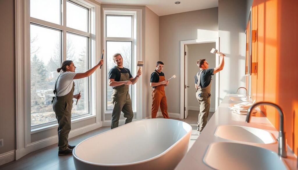 A team of skilled painters carefully applying paint to the walls of a luxurious bathroom in Calgary. The room is bathed in warm, natural light filtering through large windows, creating a serene and inviting atmosphere. The painters, dressed in overalls and wielding high-quality brushes, meticulously apply a premium, moisture-resistant paint, ensuring a flawless finish that can withstand the city's humid climate. The attention to detail is evident as they work, their movements fluid and efficient. The bathroom's sleek, modern fixtures provide a striking contrast to the fresh, vibrant paint, creating a harmonious and visually stunning space.