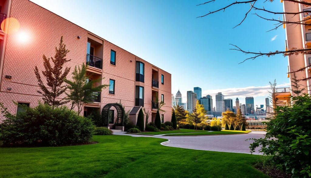 A tranquil urban scene in Calgary, Canada, showcasing a pristine stucco-clad residential building. The sun casts a warm, golden glow over the textured façade, highlighting the intricate patterns and subtle tones of the stucco. In the foreground, a well-manicured lawn and lush shrubbery frame the structure, creating a harmonious blend of nature and architecture. The middle ground features a paved driveway leading to the building's entrance, while the background depicts a picturesque cityscape with towering skyscrapers and a clear, azure sky. The overall scene conveys a sense of timeless elegance and the quality craftsmanship associated with stucco painting in Calgary.