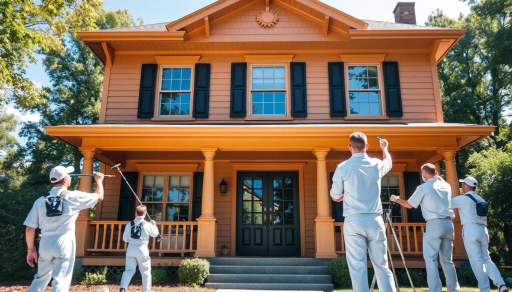 A vibrant and meticulously painted residential house, set against a backdrop of lush greenery and a clear blue sky. The front porch is adorned with a freshly applied coat of warm, earthy-toned paint, complementing the elegant trim and shutters. Sunlight streams through the windows, casting a soft, inviting glow on the well-maintained exterior. In the foreground, a team of professional painters, clad in crisp white overalls, diligently apply paint to the siding with precision and care. Their movements are fluid and efficient, showcasing their expertise in residential painting services. The scene conveys a sense of pride, attention to detail, and the transformative power of a fresh coat of paint, perfectly capturing the essence of the "Residential Painting Services" section.