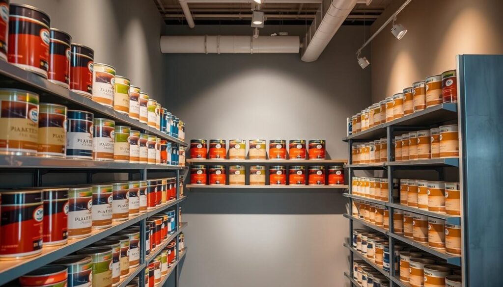 A vibrant array of high-quality paint cans in a well-lit, modern showroom setting. The cans are arranged neatly on sleek metal shelves, casting soft, diffused shadows. The paint colors range from rich, muted earth tones to bold, saturated hues, each label clearly visible. The lighting is a combination of warm, indirect overhead illumination and bright, focused spotlights, highlighting the subtle textures and sheen of the paint finishes. The atmosphere conveys a sense of quality, professionalism, and attention to detail, perfectly suited for a residential painting services showcase.