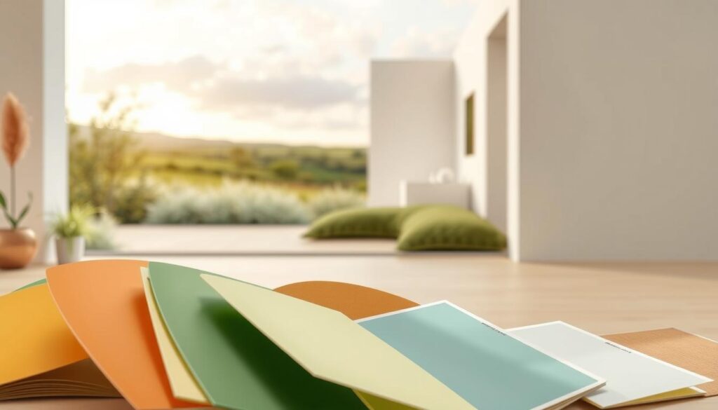 A vibrant color palette of eco-friendly paints, showcasing a harmonious blend of natural hues. In the foreground, an array of paint samples in earthy tones of green, warm ochres, and soothing blues, capturing the essence of sustainable and environmentally conscious design. The middle ground features a softly lit, minimalist interior space, with clean lines and natural textures, allowing the colors to take center stage. In the background, a serene landscape with lush vegetation and a calming sky, conveying a sense of balance and harmony between nature and the built environment. The overall scene exudes a sophisticated, hyper-realistic aesthetic, inviting the viewer to imagine the possibilities of eco-friendly paint choices for their own living spaces.