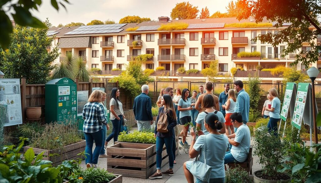 A vibrant community hub with various eco-friendly initiatives in the foreground, such as a community garden, recycling stations, and educational displays. In the middle ground, people of all ages actively participating in workshops and discussions about sustainable living practices. The background features a modern, energy-efficient apartment building with solar panels, green roofs, and lush landscaping. The scene is bathed in warm, natural lighting, creating a welcoming and inviting atmosphere that inspires sustainable living.