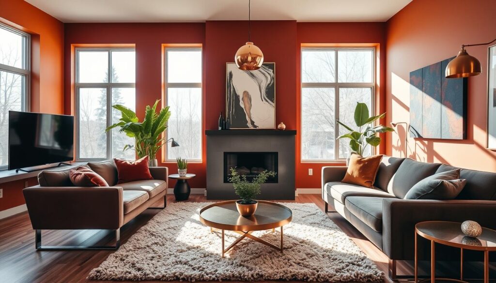 A vibrant, contemporary living room in Calgary, Canada. Warm, earthy tones of burnt orange, deep burgundy, and muted olive green cover the walls, complemented by sleek, modern furniture. Sunlight streams in through large windows, casting a soft, golden glow across the room. Plush textures, such as a shag rug and velvet throw pillows, add depth and coziness. Subtle metallic accents, like a brass coffee table and copper pendant lights, elevate the space. The overall atmosphere is one of comfortable sophistication, reflecting the unique blend of urban and natural influences that shape Calgary's design aesthetic.