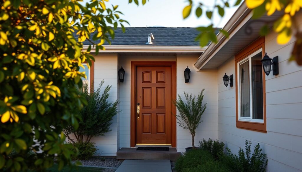 A vibrant exterior of a Calgary home, bathed in warm sunlight during the golden hour. The foreground showcases meticulously painted crisp white walls, with a freshly stained wooden door and trim. In the middle ground, lush green foliage frames the scene, hinting at the lush landscaping surrounding the property. The background features the iconic Rocky Mountains, their snow-capped peaks creating a dramatic backdrop. The image conveys a sense of pride, tranquility, and the perfect time of year for exterior painting - when the weather is mild, and the natural light enhances the vibrant colors.