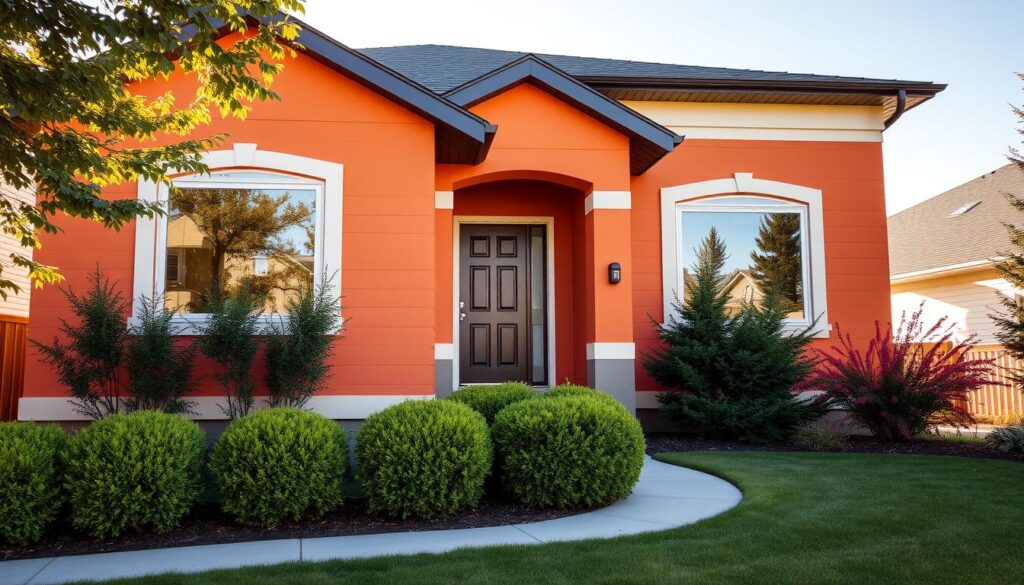 A vibrant exterior of a house in Calgary, Canada. The freshly painted facade radiates warmth and modernity, with a sleek, contemporary color palette. The sun casts a soft, golden glow, highlighting the carefully textured brushstrokes and the crisp edges of the trim. The lush, meticulously manicured landscape complements the home's inviting aesthetic, with neatly trimmed shrubs and a well-maintained lawn. A sense of pride and attention to detail permeates the scene, reflecting the homeowner's dedication to transforming their property. The image conveys a sense of pride, accomplishment, and the transformative power of professional painting services in Calgary.