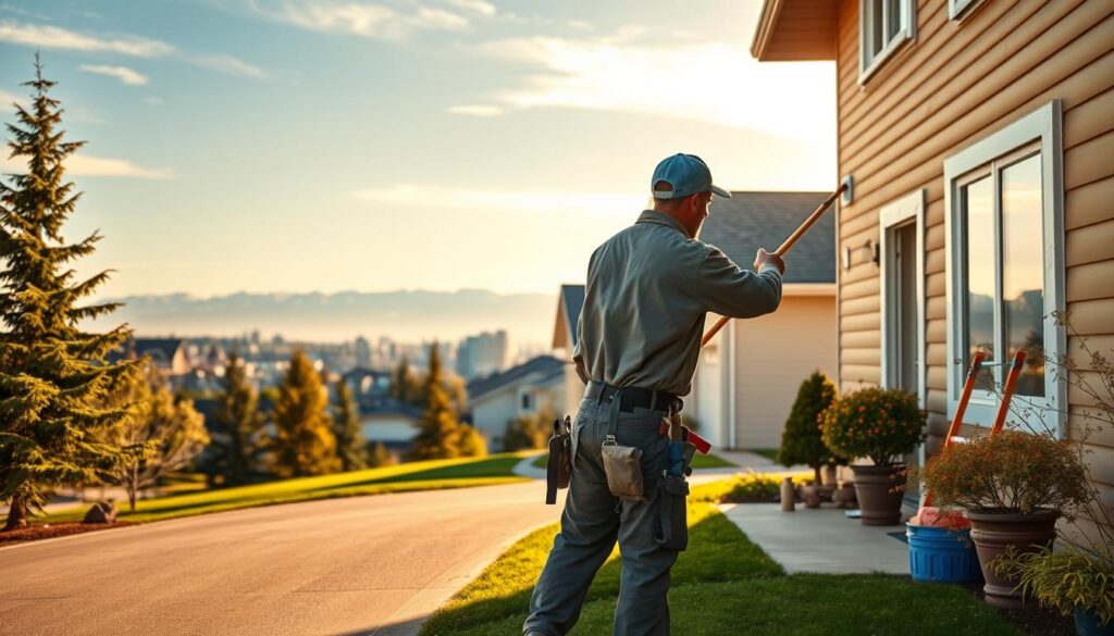 A vibrant exterior painting scene in Calgary, Canada. In the foreground, a skilled painter meticulously applies a fresh coat of paint to the facade of a well-maintained suburban home, capturing the attention of passersby. The middle ground showcases a neatly manicured lawn and a well-kept driveway, emphasizing the attention to detail. In the background, a panoramic view of the Calgary skyline, with its iconic skyscrapers and the majestic Rocky Mountains in the distance, creating a breathtaking backdrop. The lighting is warm and natural, casting a golden glow over the scene, highlighting the professionalism and care taken in the painting process. The overall atmosphere conveys a sense of pride, craftsmanship, and the importance of maintaining the exterior of a home to protect one's investment.