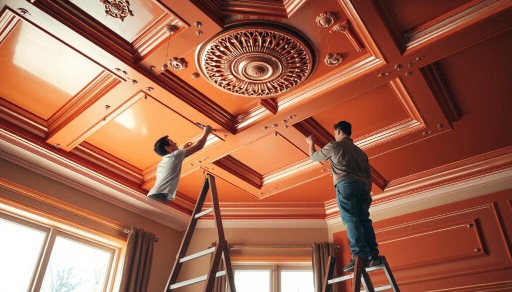 A vibrant, hyper-realistic ceiling painting project in a cozy Calgary home. A skilled painter stands atop a sturdy ladder, brush in hand, meticulously applying rich, warm colors to the ornate moldings and intricate designs of the high ceiling. Soft, diffused natural light filters in through large windows, casting a gentle glow over the scene. The fresh paint glistens, accentuating the depth and texture of the architectural features. Carefully selected hues complement the room's decor, transforming the space with a sense of elegance and sophistication. The attention to detail and craftsmanship is palpable, inviting the viewer to imagine the transformative impact of this ceiling painting project.