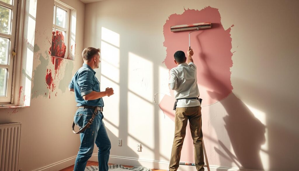A vibrant, hyper-realistic scene depicting the contrast between DIY and professional interior wall painting. In the foreground, a DIY painter haphazardly applies a sloppy, uneven coat of paint, their hands and clothing splattered. In the middle ground, a professional painter, immaculately dressed, meticulously rolls on a smooth, consistent layer, the edges perfectly crisp. The background showcases a partially painted wall, the DIY section rough and patchy, the professional section sleek and flawless. Warm, natural lighting from windows bathes the scene, casting shadows that emphasize the differences in technique. The overall atmosphere conveys the importance of making the right choice between DIY and professional painting for a high-quality, polished result.
