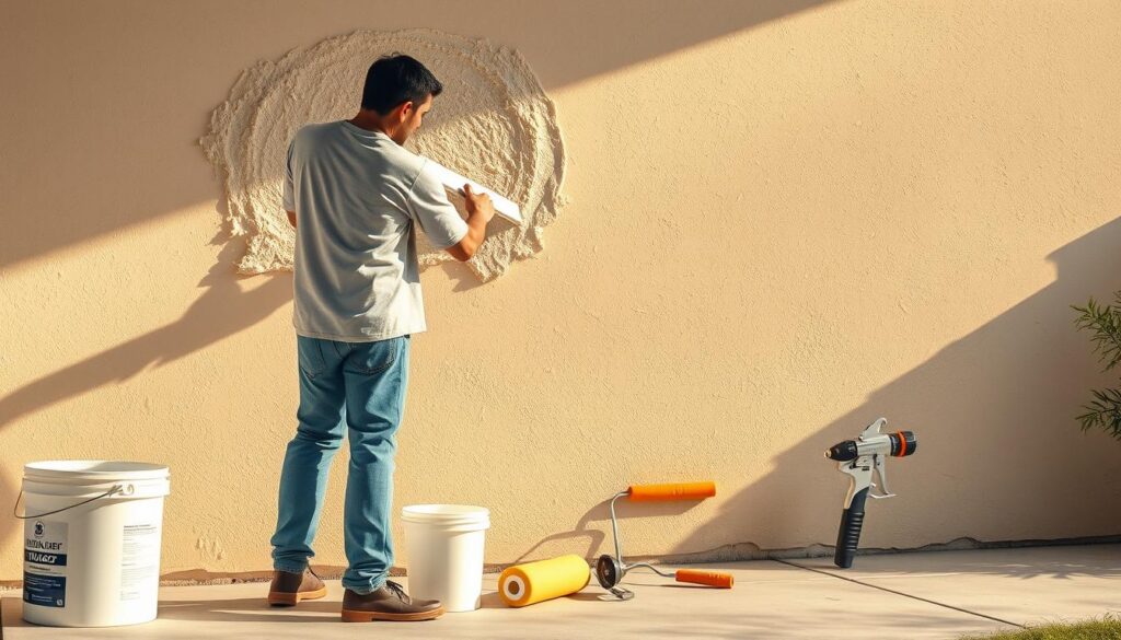 A vibrant, hyper-realistic scene of a DIY stucco painting process. In the foreground, a skilled homeowner carefully applies a thick, textured stucco mixture to the exterior wall using a trowel, creating a seamless, professional-grade finish. The middle ground features an array of stucco tools - a bucket, a roller, and a spray gun - neatly arranged, ready for use. The background showcases the partially painted stucco wall, its surface gleaming with a fresh, uniform coating that blends harmoniously with the home's architectural details. Warm, directional lighting casts shadows that accentuate the depth and texture of the stucco, while a soft, hazy atmosphere enhances the DIY ambiance. The overall scene conveys a sense of accomplishment, inviting the viewer to imagine the transformative potential of a DIY stucco painting project.
