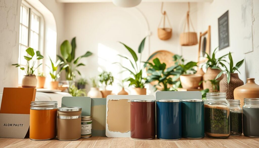 A vibrant, hyper-realistic scene showcasing eco-friendly paint alternatives. In the foreground, an array of paint cans and sample boards feature natural, plant-based pigments in earthy tones of ochre, sage, and indigo. The middle ground depicts a cozy, sun-drenched interior with textured walls, highlighting the matte, low-sheen finish of the sustainable paints. In the background, lush houseplants and natural materials, such as woven baskets and recycled glass jars, create a harmonious, environmentally conscious atmosphere. Soft, diffused lighting from large windows casts a warm, inviting glow across the scene. Captured with a wide-angle lens to emphasize the depth and scale of the sustainable paint display.
