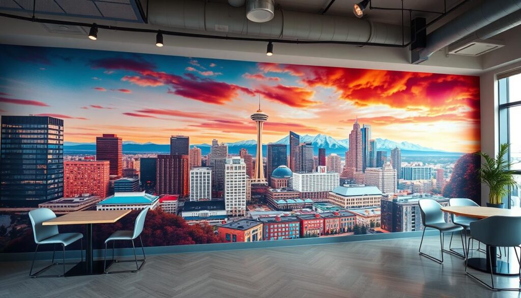 A vibrant, photorealistic mural adorns the wall of a modern Calgary interior. The composition features a striking panoramic cityscape, with the iconic Calgary Tower and Rocky Mountains in the distance. The painting's brushstrokes are bold and expressive, capturing the energy and dynamism of the urban landscape. Warm, diffused lighting casts a soft glow, creating a sense of depth and atmosphere. The scene is rendered with meticulous attention to detail, from the intricate architectural elements to the subtle reflections in the glass facade. This captivating wall painting showcases the skill and creativity of Calgary's renowned mural artists, transforming the space into a visually striking and immersive experience.