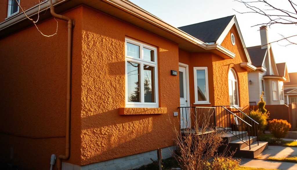 A vibrant stucco-clad exterior on a classic Calgary bungalow, bathed in warm, golden sunlight. The textured surface of the stucco shimmers, its rich, earthy tones complementing the city's urban landscape. In the foreground, a weathered but well-maintained paint job showcases the longevity of a quality stucco finish, with crisp, clean lines and a lustrous, durable sheen. The scene conveys a sense of timeless elegance and the enduring appeal of a well-cared-for stucco exterior in the heart of Calgary's thriving residential neighborhoods.