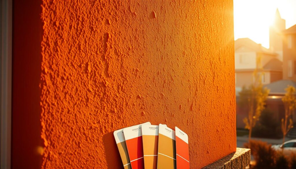A vibrant stucco wall in Calgary, bathed in warm golden light, showcasing a rich palette of earthy tones. The textured surface catches the sun's rays, creating a captivating play of shadows and highlights. In the foreground, a variety of paint color samples are artfully arranged, allowing the viewer to envision the transformation of the home's exterior. The background fades into a softly blurred cityscape, emphasizing the focus on the stucco and color selection. The overall scene conveys a sense of thoughtful consideration and the potential for a beautiful, harmonious renovation.