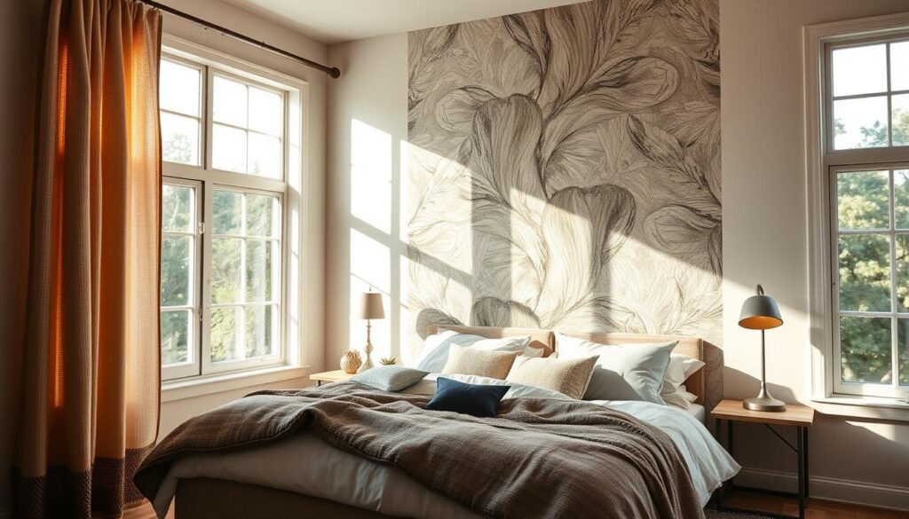 A visually striking accent wall in a cozy bedroom, bathed in warm, natural lighting that filters through large windows. The focal point is a bold, textured pattern that blends seamlessly with the neutral color palette, creating a sense of depth and visual interest. Intricate brushstrokes and a slight sheen on the paint surface add a high-quality, artisanal feel. Layered textures, such as woven curtains and plush bedding, complement the accent wall, enhancing the overall sense of depth and sophistication. The room conveys a serene, inviting atmosphere, perfect for a relaxing retreat.