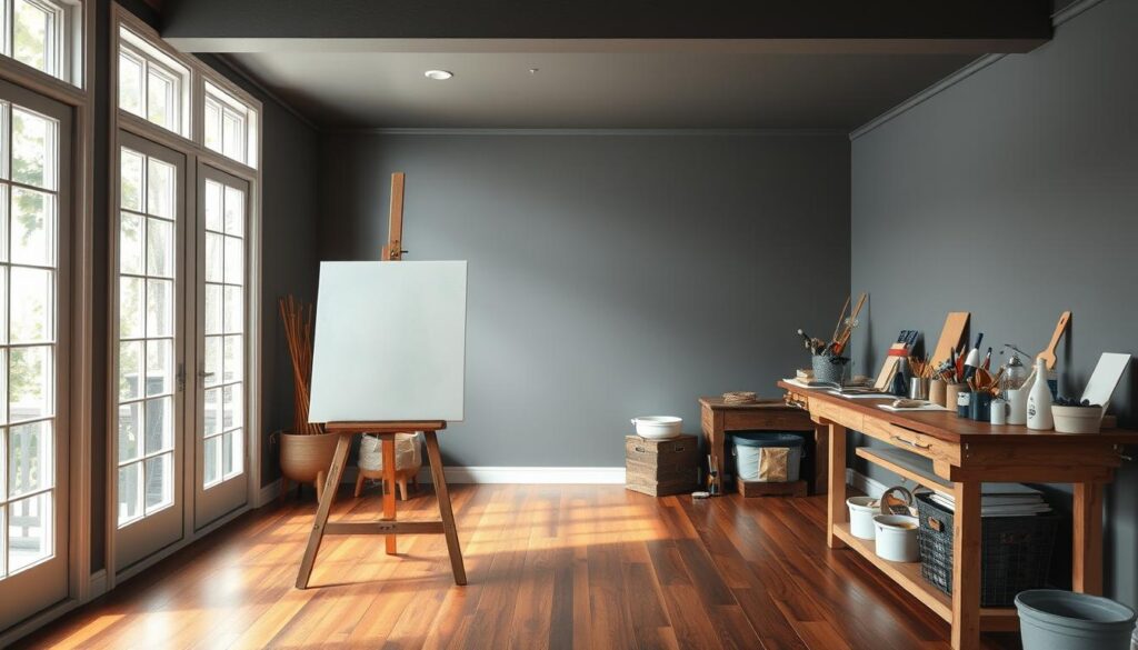 A warm, inviting basement workshop with natural light flooding in through large windows. The walls are painted in a calming slate gray, complementing the rich hardwood floors. A professional-grade easel stands in the foreground, a canvas propped upon it, and an array of high-quality painting supplies are neatly organized on a sturdy wooden workbench. The scene exudes a sense of creativity and productivity, the perfect environment for a skilled basement painter to bring their artistic vision to life. The lighting is soft and diffused, creating an atmospheric, hyper-realistic effect that showcases the textures and details of the space.