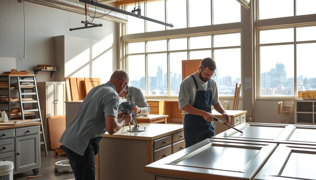 A well-equipped workshop with professional cabinet painters at work, illuminated by bright natural light streaming through large windows. The foreground features two skilled painters carefully applying a high-quality, durable paint finish to the cabinets, using specialized tools and techniques. In the middle ground, additional cabinets in various stages of preparation and painting, creating a sense of a bustling, efficient workspace. The background showcases the stunning Calgary skyline, reflecting the city's vibrant energy. The overall atmosphere conveys the expertise, attention to detail, and commitment to delivering lasting, beautiful results that define the professional cabinet painting services in Calgary.