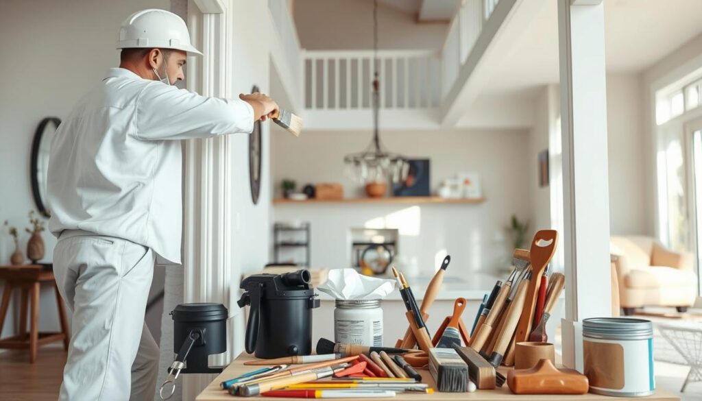 A well-lit and meticulously detailed residential painting service scene. In the foreground, a professional painter in a crisp white uniform carefully applies a glossy finish to a freshly primed hallway trim, the paintbrush strokes capturing the texture of the wood. In the middle ground, an array of high-quality painting tools and supplies are neatly organized, conveying a sense of expertise and efficiency. The background features a modern, open-concept home interior with clean lines, large windows, and soft, neutral tones that complement the painting work. The lighting is natural and diffused, creating a warm, inviting atmosphere. The overall scene exudes a sense of precision, attention to detail, and the transformative power of professional residential painting services.