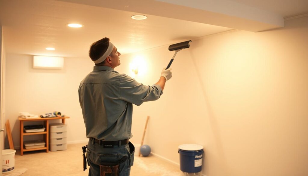 A well-lit basement interior, showcasing a professional painter meticulously applying a high-quality, long-lasting paint to the walls. The scene captures the attention to detail and the importance of proper surface preparation for a flawless, durable finish. The painter's movements are deliberate, demonstrating the expertise required to ensure a uniform, streak-free application. Soft, warm lighting illuminates the space, creating a welcoming and inviting atmosphere. The background features neatly organized painting supplies, conveying a sense of organization and efficiency. The overall composition emphasizes the attention to detail and the commitment to delivering a high-quality, long-lasting basement painting service.