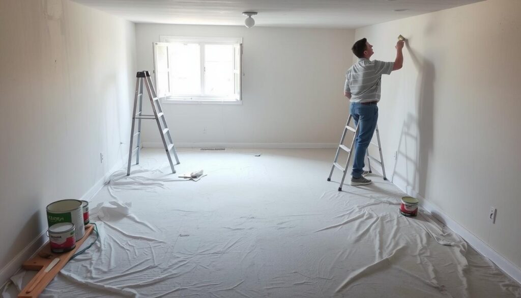 A well-lit basement interior, the painting process in full swing. Dustsheets cover the floor, revealing a concrete surface. A ladder stands against the wall, paint cans and brushes nearby. An open window casts natural light, illuminating the scene with a soft, diffused glow. The painter, in casual attire, carefully applies paint to the walls, creating an even, smooth finish. The atmosphere is one of focused, methodical work, with a sense of anticipation for the transformed space. The image captures the essence of the basement painting process - a step-by-step transformation of the lower level, ready to reach its full potential.