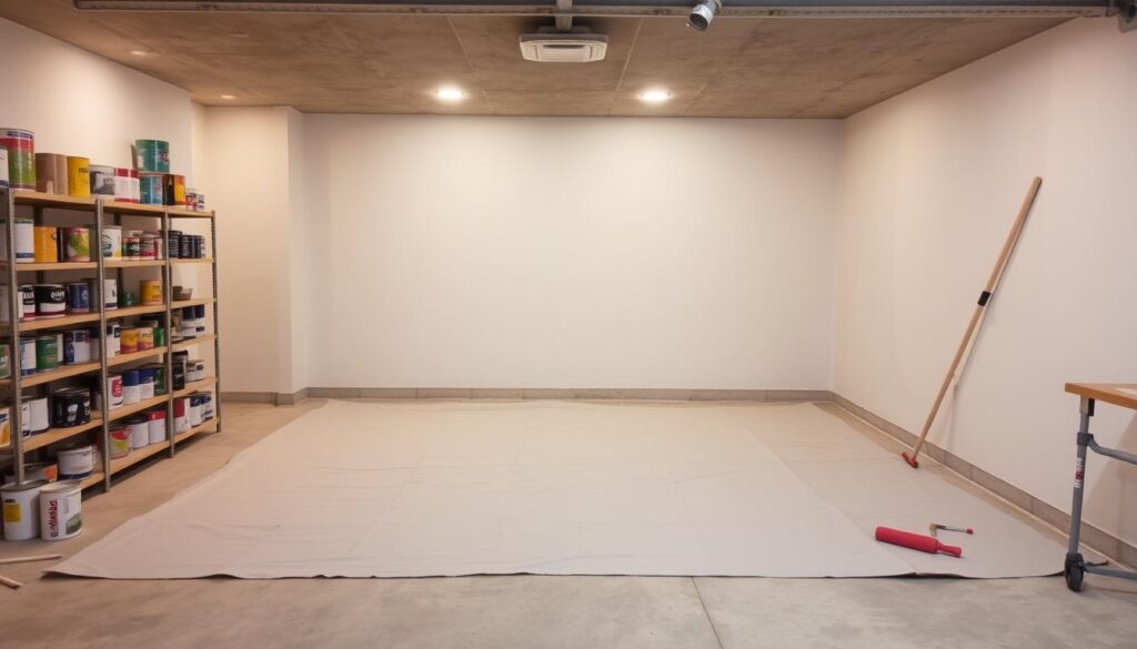 A well-lit basement workspace, with a concrete floor and shelves of painting supplies. In the foreground, an array of paint cans, brushes, and rollers neatly arranged. In the middle ground, a large drop cloth covers the floor, ready to catch any spills. The walls are bare, awaiting a fresh coat of paint. Soft, even lighting from overhead fixtures casts a warm, inviting glow. The atmosphere is one of anticipation and preparation, as the space is transformed for a professional paint job.