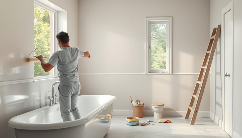 A well-lit bathroom interior with a focus on the maintenance of painted walls. The foreground depicts a person using a paint roller to apply a fresh coat of paint to the wall, their movements captured in a dynamic pose. The middle ground showcases various painting tools, such as a paint tray, brushes, and a ladder, neatly arranged. The background features a window overlooking a lush, green outdoor scene, providing a sense of natural lighting and ambiance. The overall scene conveys a sense of diligence and care in maintaining the bathroom's painted surfaces, capturing the essence of the article's subject matter. High-resolution, hyper-realistic rendering with a balanced color palette and attention to fine details.