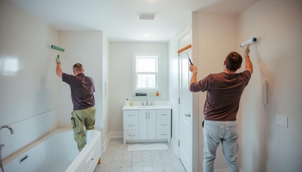 A well-lit bathroom interior with professional painters at work. In the foreground, two painters expertly apply high-quality paint from top Calgary paint brands onto the walls using rollers and brushes. In the middle ground, the bathroom fixtures, vanity, and tile flooring are visible, showcasing the space being transformed. The background depicts an open window, allowing natural light to flood the room and create a bright, airy atmosphere. The scene conveys a sense of skilled craftsmanship and attention to detail, reflecting the high-quality standards expected for a bathroom makeover project in Calgary's humid climate.