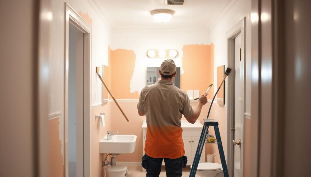 A well-lit bathroom interior, with two professional painters carefully applying paint to the walls. The foreground shows the painters in their work attire, brushes in hand, focused on their tasks. The middle ground reveals the partially painted walls, highlighting the color contrast between the fresh paint and the untouched areas. In the background, the room's layout is visible, including a sink, vanity, and other fixtures, all contributing to the overall sense of a bathroom renovation in progress. The scene conveys a sense of precision, attention to detail, and the importance of proper paint application techniques to achieve a successful bathroom makeover.