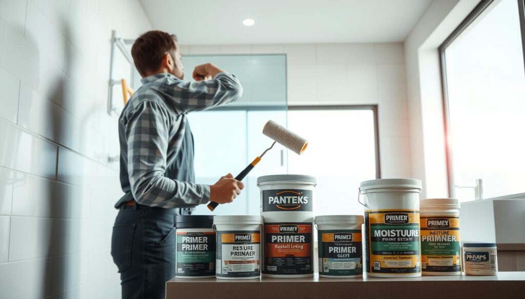 A well-lit, detailed interior scene showcasing various priming techniques for high-humidity bathroom environments. In the foreground, a worker meticulously applies a moisture-resistant primer to a drywall surface using a roller, their movements captured in a sharp, dynamic pose. In the middle ground, a variety of professional-grade priming products are neatly arranged, their labels clearly visible. The background depicts a modern bathroom, with sleek tile work, a large window allowing natural light to flood the space, and a sense of tranquility and cleanliness pervading the scene. The lighting is crisp and even, creating a hyper-real, almost cinematic quality to the image.