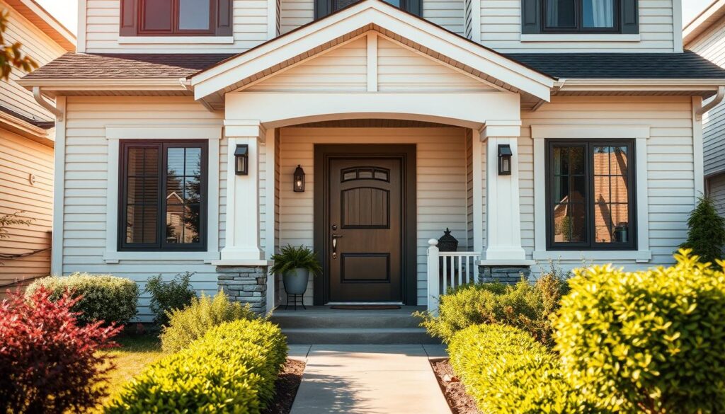 A well-lit, expertly-painted exterior of a residential home in Calgary, Canada. The front facade features a mix of modern and traditional elements, with a crisp white paint job accented by sleek charcoal trim. The entry porch has a welcoming overhang and a freshly stained wooden door. In the foreground, lush landscaping with vibrant flowerbeds and neatly trimmed shrubs frame the scene. The middle ground showcases the home's clean lines and textured siding. Warm, golden sunlight bathes the entire composition, creating a sense of inviting warmth and professionalism. The image conveys the high-quality exterior painting expertise available to homeowners in Calgary.