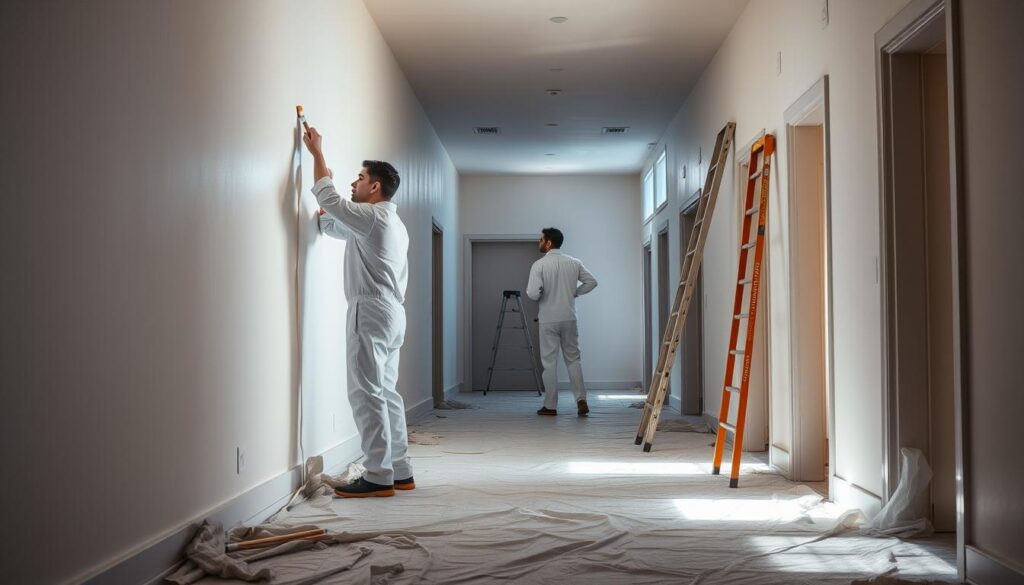 A well-lit hallway, the floor covered in drop cloths, professional painters in crisp white coveralls carefully applying paint to the walls with precision. The air is filled with the scent of fresh paint and the sound of brushes gliding across the surface. A tall ladder stands nearby, ready to reach the higher areas. The lighting casts dramatic shadows, highlighting the textures of the walls and the focus of the painters' attention. The scene conveys a sense of skilled, meticulous work, the experts diligently preparing the space for a flawless finish.