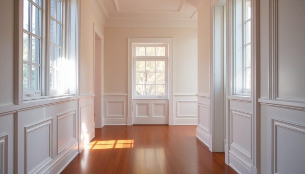 A well-lit hallway with pristine white trim and molding, the sunlight streaming in through large windows. The trim is freshly painted, its sharp edges and clean lines accentuating the architectural details. The paint has a subtle sheen, reflecting the ambient light and creating a sense of depth and dimension. The walls are a soft, neutral color, allowing the trim to take center stage. The floor is a rich, hardwood that complements the trim perfectly. The scene exudes a sense of elegance and refinement, showcasing the transformative power of thoughtfully applied trim details.