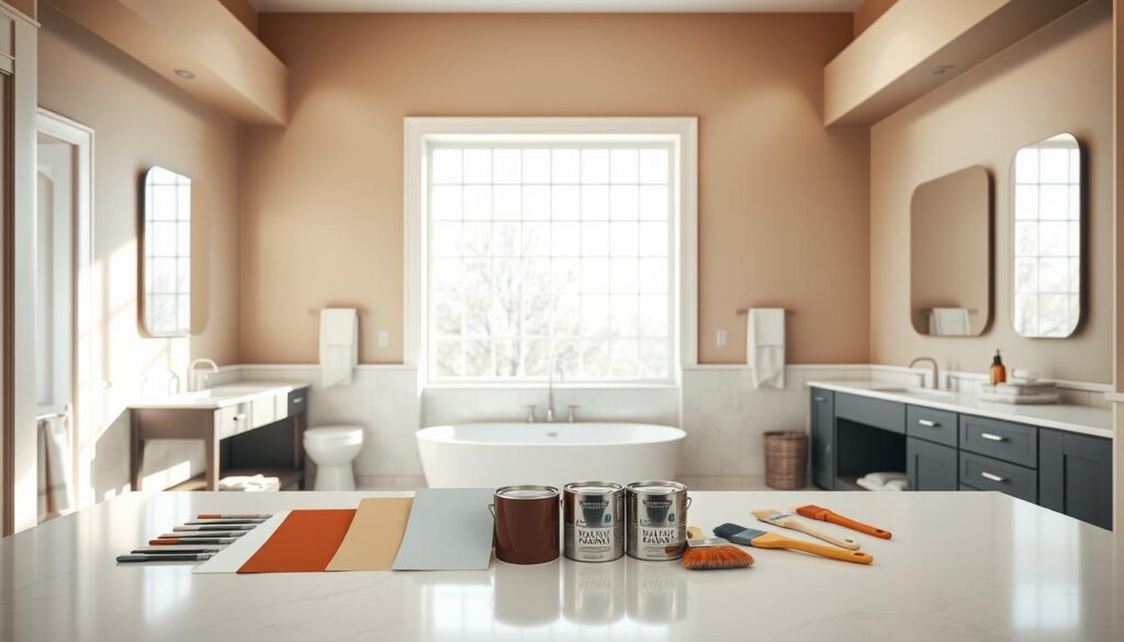 A well-lit, high-quality bathroom interior with an expansive vanity countertop and mirror. The foreground showcases various paint swatches and samples, displaying a range of sheen levels, from matte to high-gloss. The middle ground features several paint cans and brushes, highlighting the technical aspects of bathroom paint selection. The background depicts a large window, allowing natural light to flood the space and create a warm, inviting atmosphere. The overall scene conveys the essential qualities of bathroom paint, such as moisture resistance, durability, and ease of cleaning, all crucial for Calgary's humid climate.