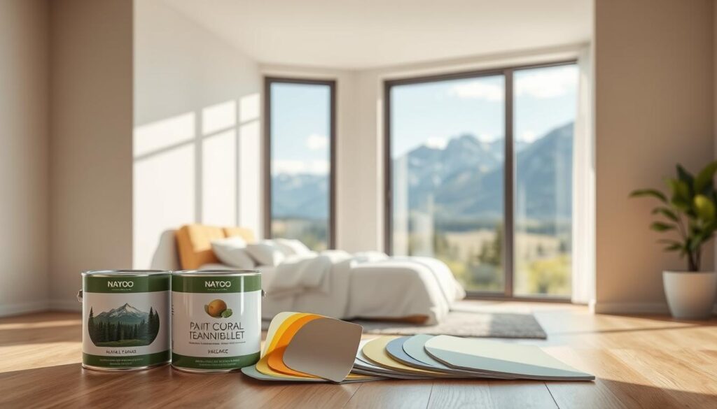A well-lit, high-resolution interior scene showcasing a selection of eco-friendly paint options suitable for Calgary homes. In the foreground, a set of paint cans and color swatches depicting a range of natural, low-VOC, and sustainable paint finishes. The middle ground features a modern, minimalist bedroom setting with a large window, allowing natural light to stream in and illuminate the space. The background consists of a scenic view of the Rocky Mountains, conveying the calming and rejuvenating atmosphere of a Calgary retreat. The overall mood is one of serenity, sustainability, and environmental consciousness, befitting the article's subject matter.