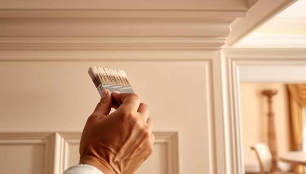 A well-lit, highly detailed scene showcasing perfect trim painting techniques. In the foreground, a skilled painter's hands carefully apply a rich, glossy paint with a high-quality brush, creating a flawless, seamless finish on the intricate molding. The middle ground reveals the pristine, freshly painted trim against a crisp, clean wall in a warm, inviting neutral tone. The background subtly suggests an elegant, traditional interior space, hinting at the larger context where these techniques would be applied. Realistic textures, perfect perspective, and a warm, natural lighting create a hyper-realistic, immersive visual that exemplifies the precision and care required for exceptional trim painting.
