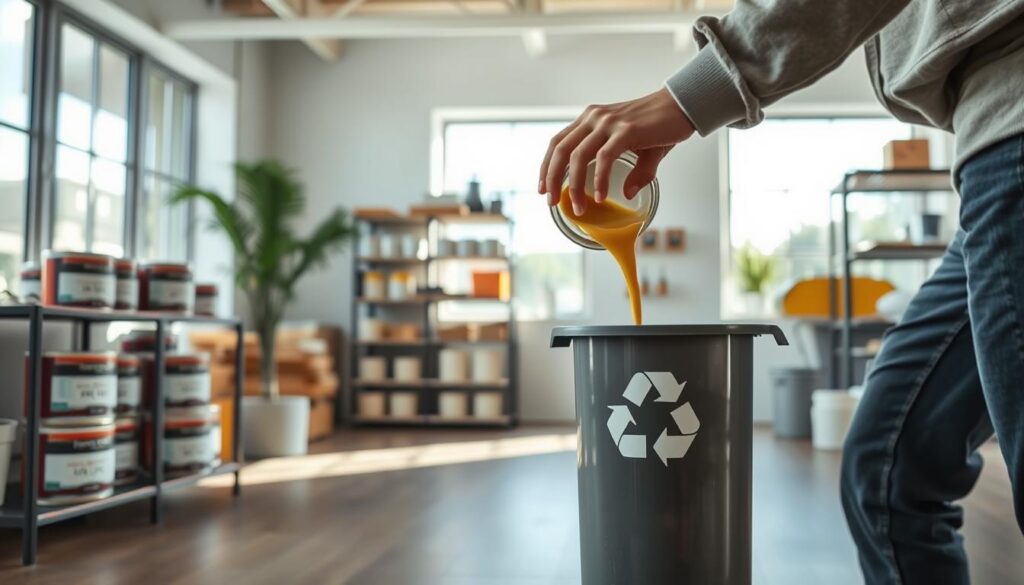 A well-lit, hyper-realistic scene depicting the proper eco-friendly disposal of interior paint. In the foreground, a person carefully pouring paint into a designated recycling container, with a focus on the steady, controlled motion of the pour. In the middle ground, shelves of labeled paint cans and other painting supplies, showcasing responsible storage and organization. The background features a clean, modern interior with large windows, allowing natural light to fill the space and highlighting the importance of sustainable practices. The overall mood is one of environmental consciousness and attention to detail in paint management.