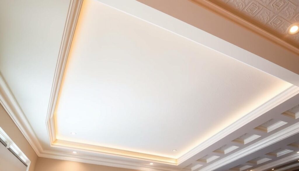 A well-lit, modern interior showcasing an assortment of expertly-crafted ceiling finishes. A pristine white vaulted ceiling with delicate crown moldings takes center stage, its seamless texture illuminated by warm, soft lighting. Toward the sides, a smooth, flat drywall ceiling contrasts with the intricate patterns of a coffered ceiling, its geometric design casting dramatic shadows. In the background, a textured, hand-troweled plaster ceiling adds depth and character, complemented by the subtle sheen of a seamless, high-gloss finish. The overall scene conveys a sense of refinement, elegance, and the exceptional quality of professional ceiling painting and finishing techniques.