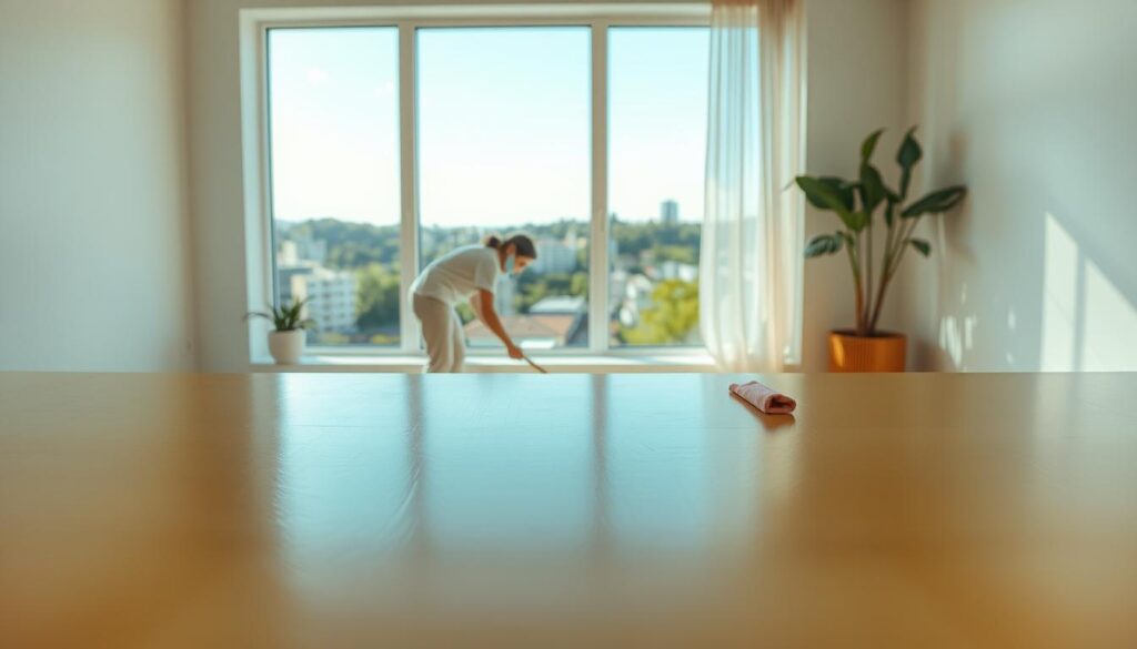A well-lit room with a vibrant, freshly painted wall in the foreground. In the middle ground, a person gently wiping the surface with a soft cloth, meticulously maintaining the pristine appearance. The background features a window overlooking a picturesque urban landscape, providing a calming, natural ambiance. The scene is captured with a high-resolution, wide-angle lens, creating a sense of depth and attention to detail. The overall mood is one of tranquility and pride in a well-cared-for, beautifully transformed interior space.