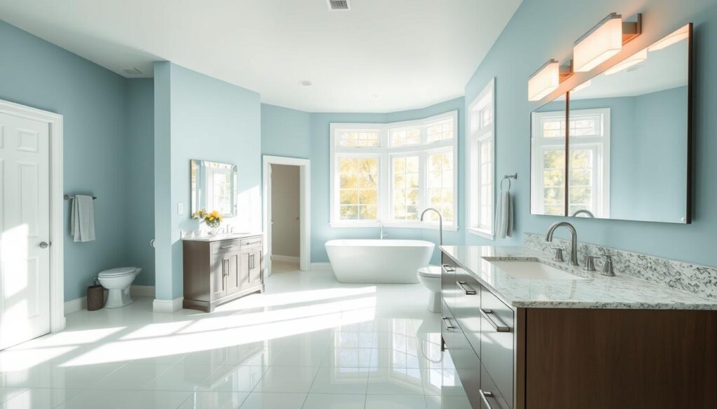 A well-lit, spacious bathroom featuring an elegant, contemporary paint scheme. The walls are painted in a soothing, light blue hue, accentuating the natural light streaming in through the large windows. The tile floor is a pristine white, creating a clean, minimalist aesthetic. In the foreground, a modern vanity unit with a sleek granite countertop stands prominently, its chrome fixtures gleaming under the warm, recessed lighting. The room exudes a sense of tranquility and relaxation, perfectly suited for the humid climate of Calgary.