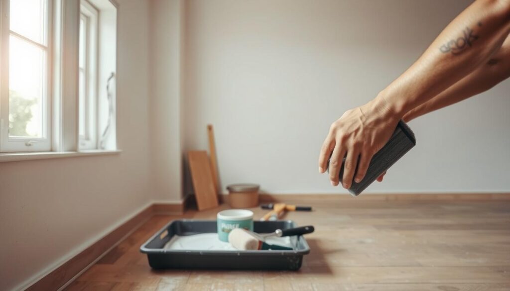 A well-lit, spacious interior with a focus on wall preparation. In the foreground, a pair of hands diligently sanding down the wall's surface, removing any imperfections. In the middle ground, a tray of primer paint and various tools, including a roller and paintbrushes, neatly arranged. The background reveals a partially painted wall, showcasing the transformation from a rough, unfinished state to a smooth, primed canvas. The lighting is soft and natural, casting a warm glow on the scene, and the overall atmosphere conveys a sense of focused determination and the satisfaction of a job well done.