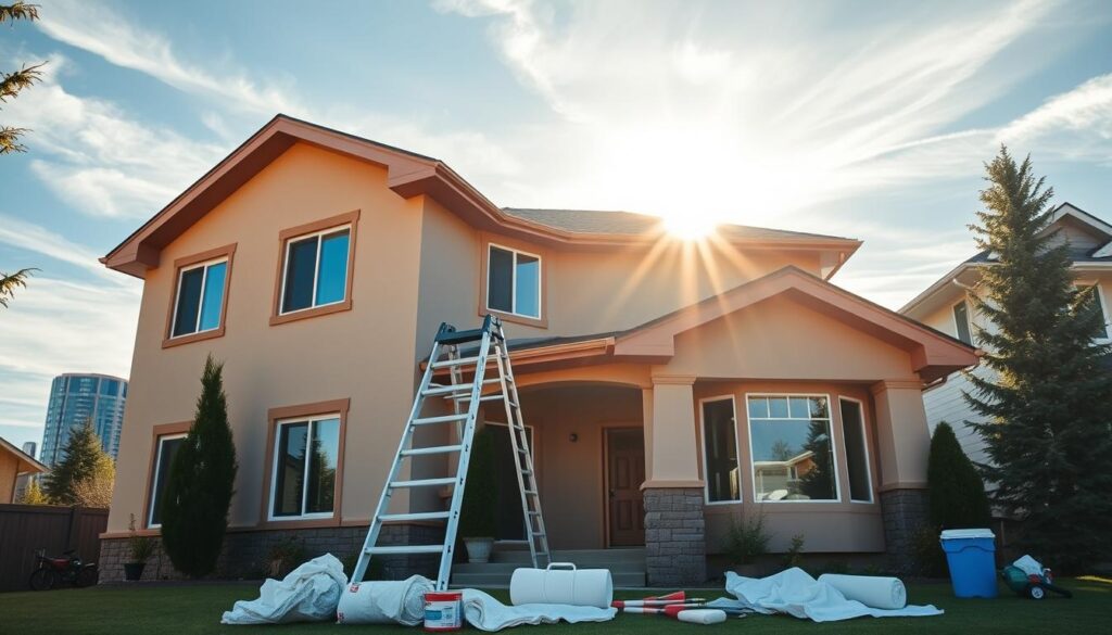 A well-maintained exterior, a freshly painted home stands as a testament to meticulous preparation. Against a backdrop of towering Calgary skyline, the scene unfolds - a stately two-story residence, its facade adorned with crisp, clean lines and vibrant hues. Sunlight filters through wispy clouds, casting a warm glow that highlights the textured stucco walls and the freshly sanded wooden trim. In the foreground, a ladder leans against the house, surrounded by an array of painting tools - brushes, rollers, and pristine drop cloths. The atmosphere exudes a sense of pride and attention to detail, inviting the viewer to envision the transformation from drab to dynamic, a true reflection of the homeowner's dedication to preserving their investment.