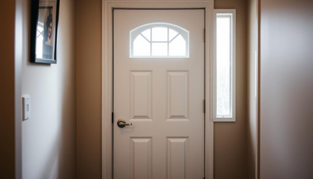 A well-maintained, freshly painted interior door in a Calgary home. The door is the focal point, standing tall and proud in a warm, inviting entryway. Soft, diffused lighting from a nearby window creates gentle shadows and highlights the rich, glossy paint finish. The door's surface is flawless, with no visible brush strokes or imperfections, showcasing the skilled workmanship. The surrounding walls are a neutral, complementary color, allowing the door to command attention. The scene radiates a sense of care and attention to detail, reflecting the homeowner's dedication to preserving the beauty of their newly painted doors.