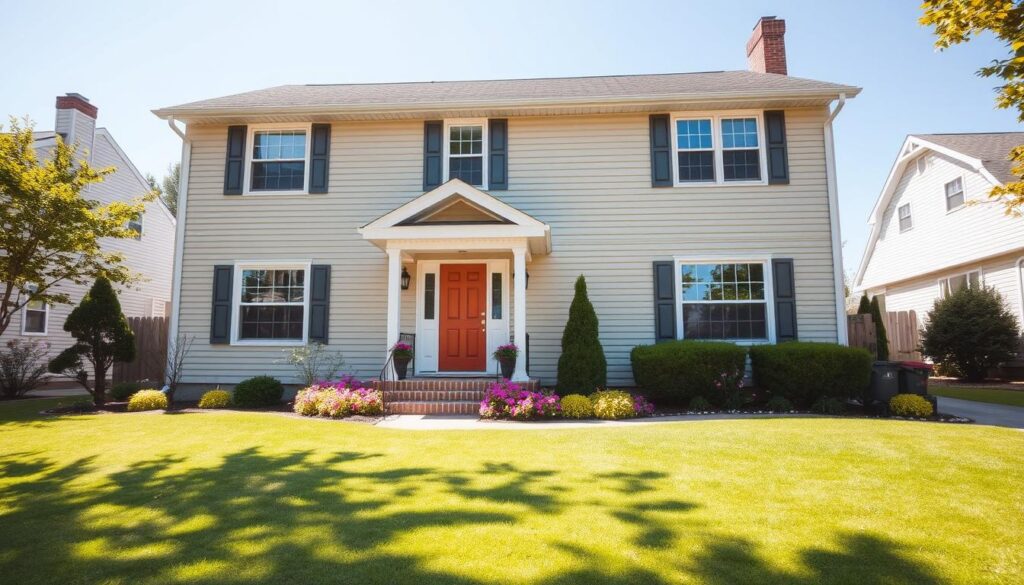 A well-maintained two-story house with a warm, inviting exterior. The front yard features a neatly trimmed lawn and vibrant flower beds, leading up to a freshly painted front door in a rich, earthy tone. The home's siding is a crisp, neutral color, complemented by bright white trim around the windows and roofline. Sunlight casts a natural glow, highlighting the textured brushstrokes and attention to detail in the paintwork. The driveway is clean and free of clutter, emphasizing the home's tidy, well-cared-for appearance. The overall scene conveys a sense of pride, professionalism, and the benefits of hiring a skilled painter to enhance a property's curb appeal.